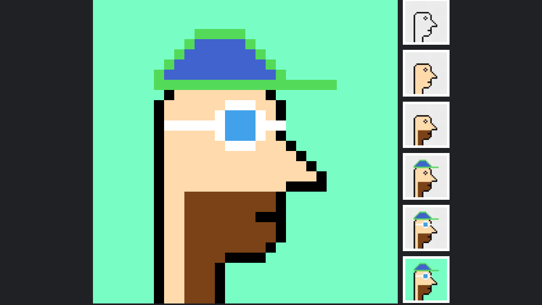 The pixel art editor: a drawing grid with a pixel face on it, beside a column of example sprites.